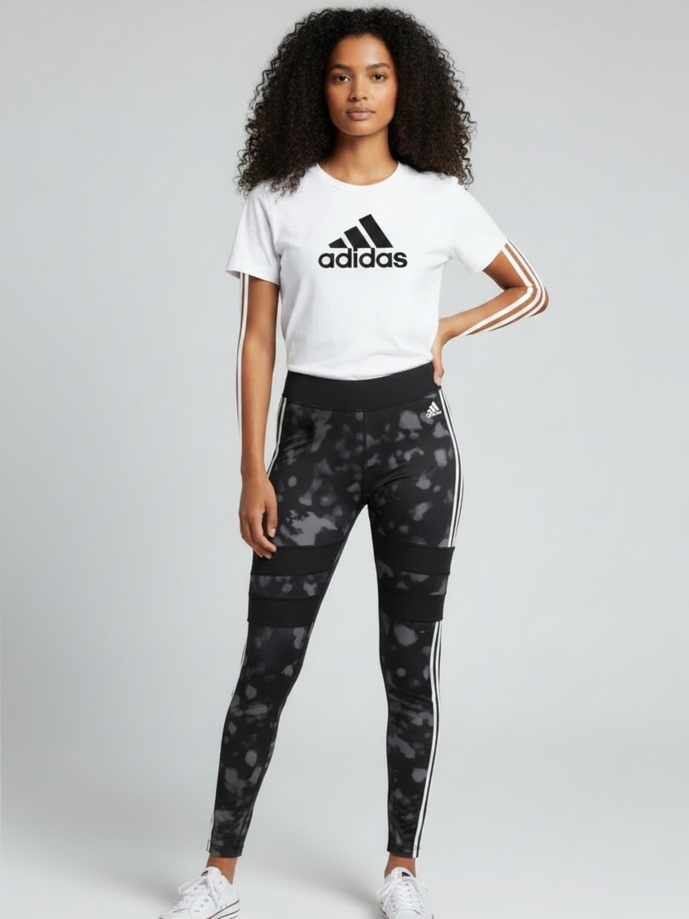 Adidas AEROREADY Black Gray Marble 3-Stripe Mesh Leggings S
